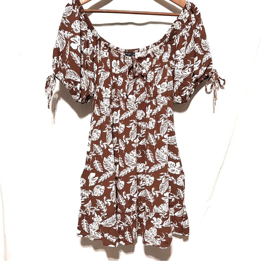 Brown Tropical Leaf Peasant Top Milkmaid Boho Babydoll Cottagecore Prairie XL